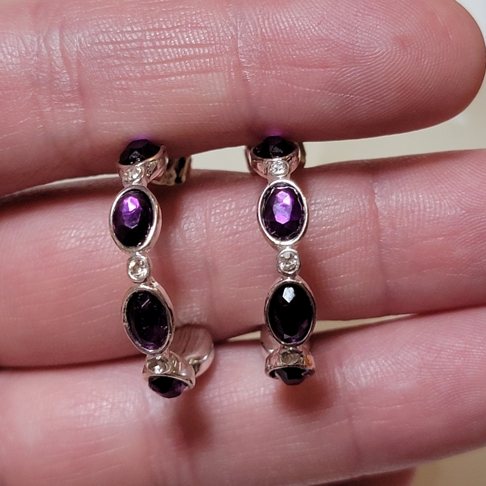 Avon Birthstone-Color Hoop Earrings February Amethyst Silver Tone Rhinestone - Picture 6 of 16